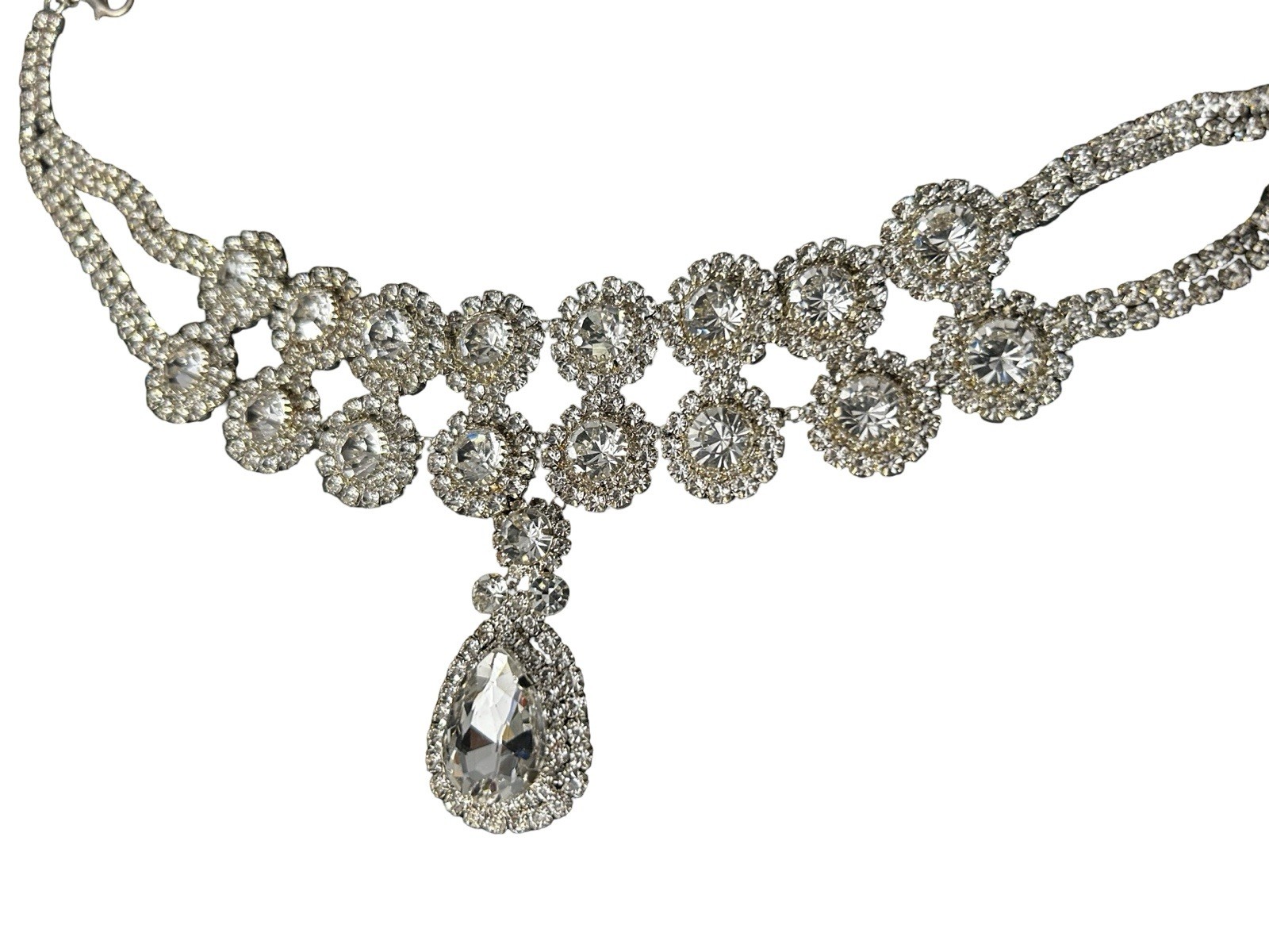 Double Circle Rhinestone Crystal Choker Statement Necklace Teardrop Pendant
