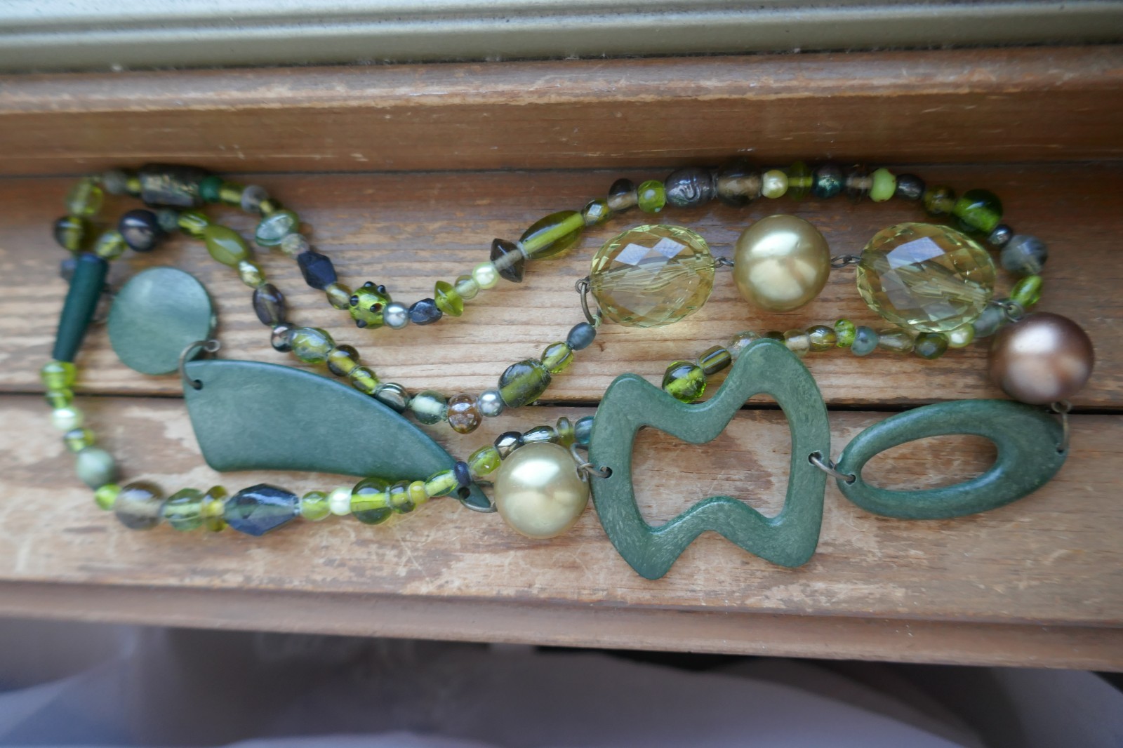 40″ Long Necklace Green Copper Gold Large Abstract Shapes Acrylic & Glass Beads