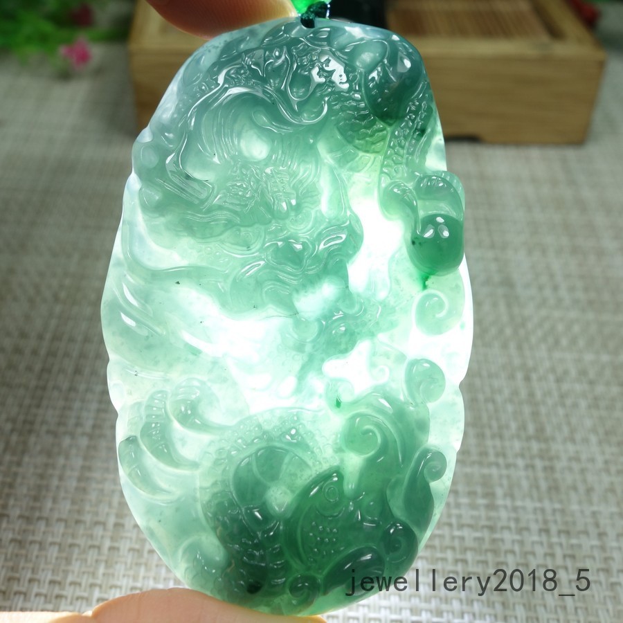 Certified Icy Green 100% Natural A jadeite Jade Pendant~Dragon 龙 生意兴隆