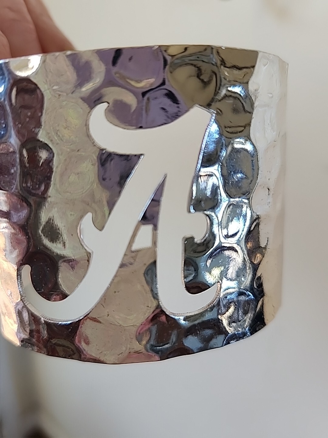 Alabama Crimson Tide Bracelet Cuff Hammered Silver Tone Metal Chunky Wide