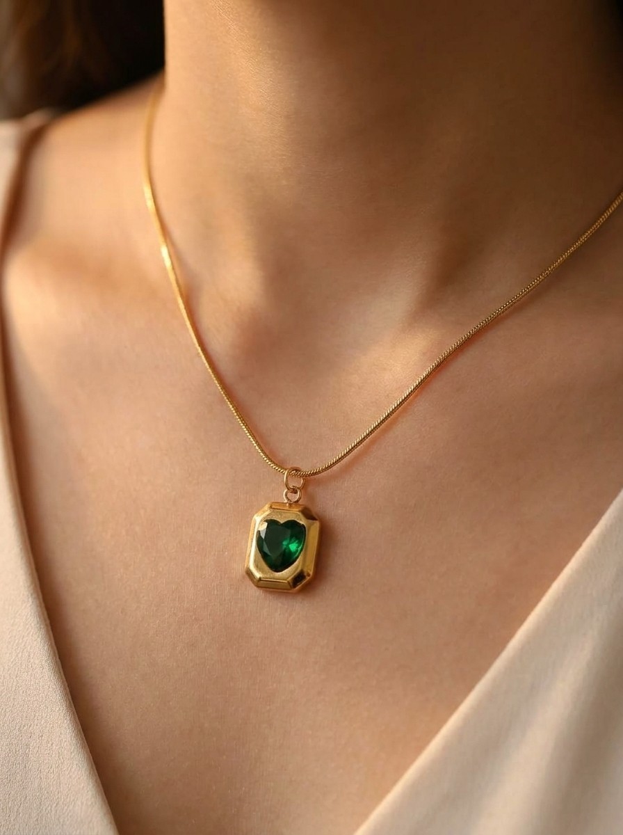 18K Gold Plated Emerald Heart Pendant Necklace for Women Waterproof Anti-Tarnish