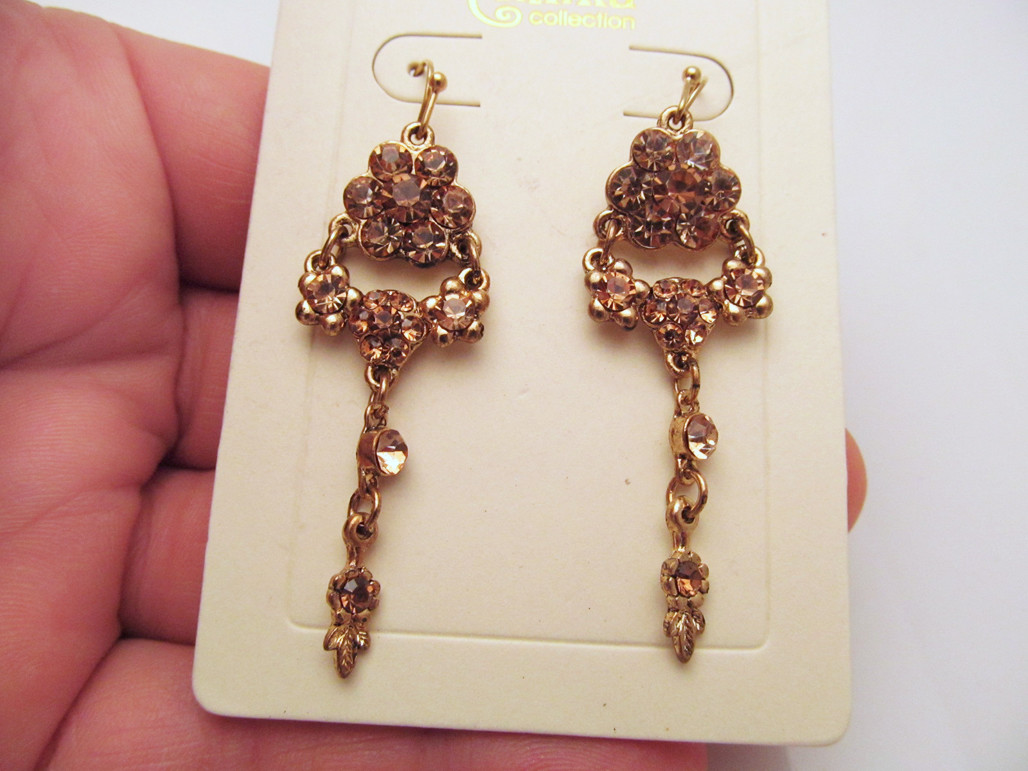 *NEW Gold Tone Champagne Crystal Floral Pierced Earrings by Antika