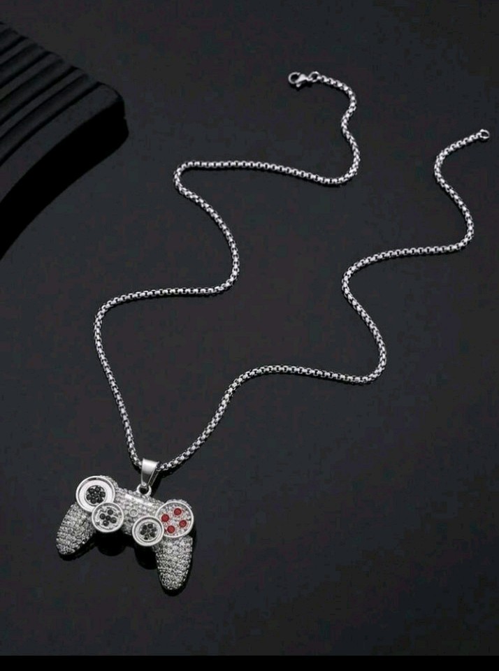 Gaming Game Controller Charm Pendant Necklace Rhinestone Box Chain 23.6 in