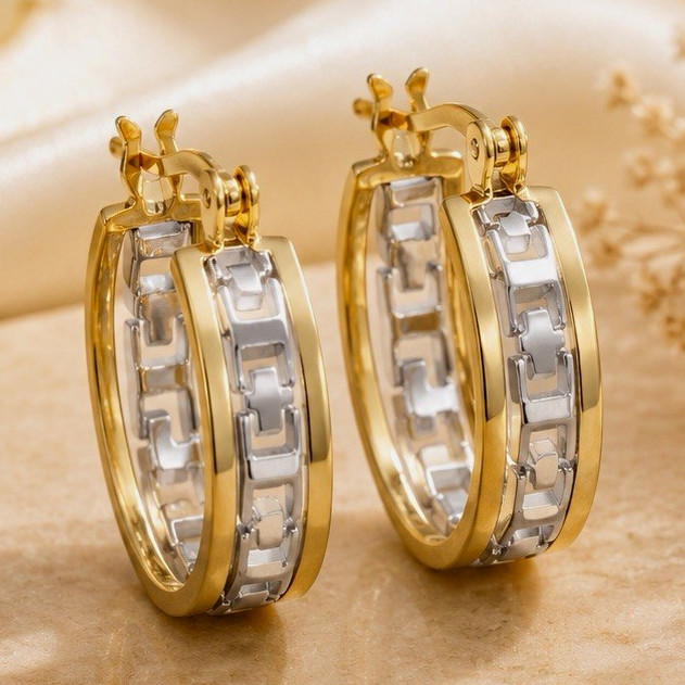18K Yellow Gold fille Huggie Hoop Earrings two-tone Baguette Channel Set