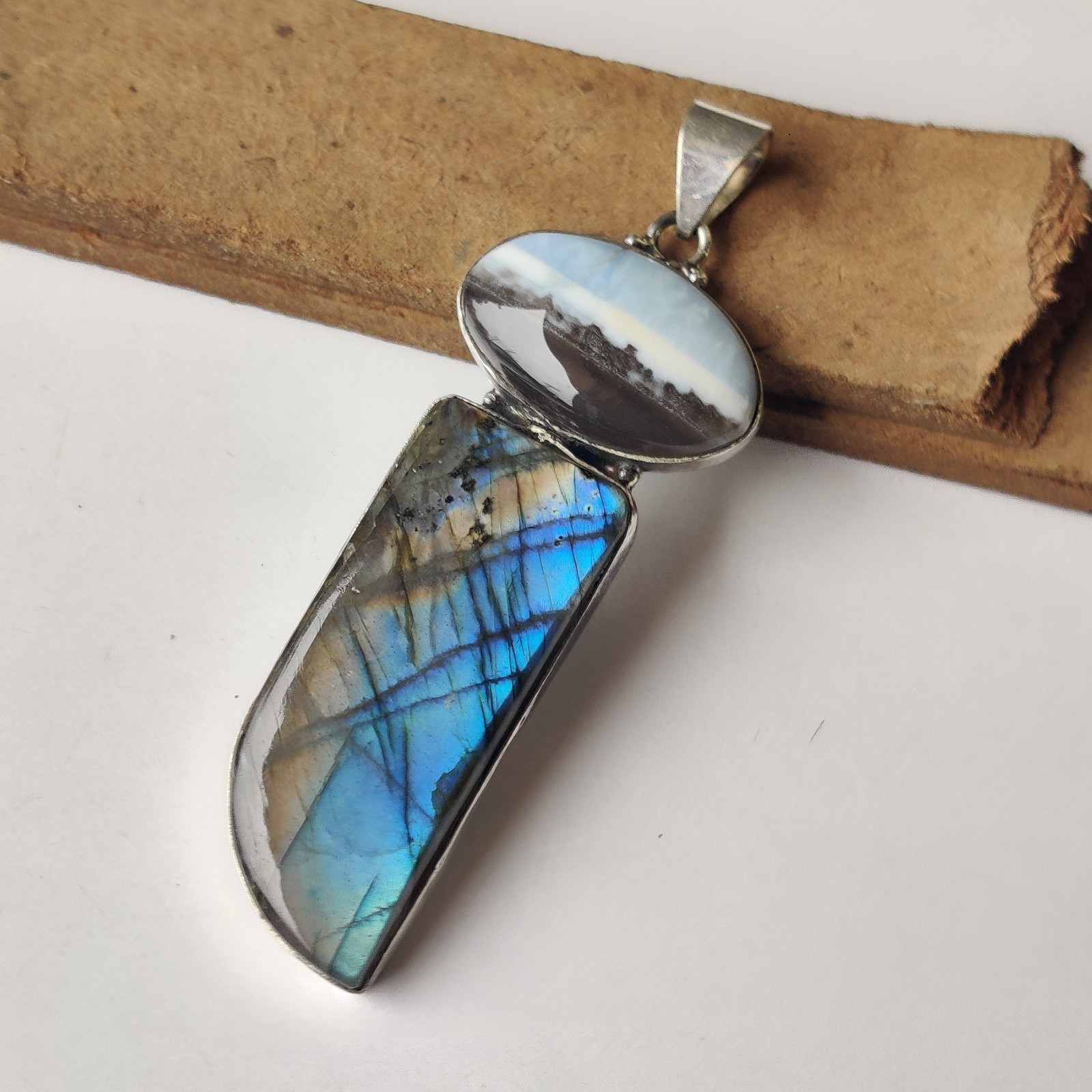 Labradorite & Owyhee Opal Pendant 925 Sterling Silver Boho Gift Pendant PG8372