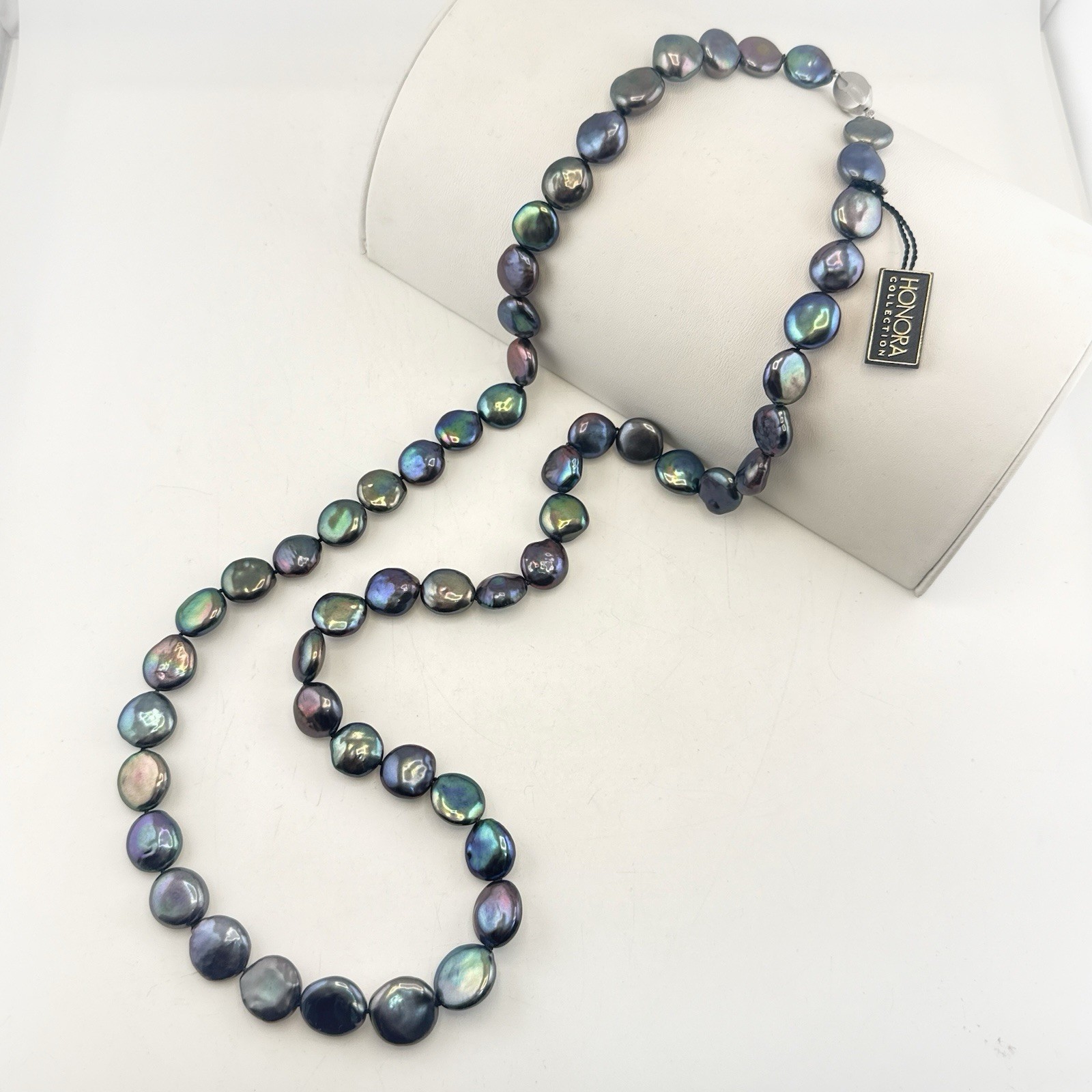 Honora Pearl Necklace Oil Slick Peacock Blue Purple Coin 36″ Chunky Modern
