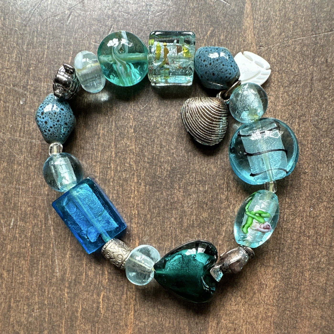 Blue Green Clear Glass Beaded Stretch Bracelet, Silver Dangle Sea Life Charms