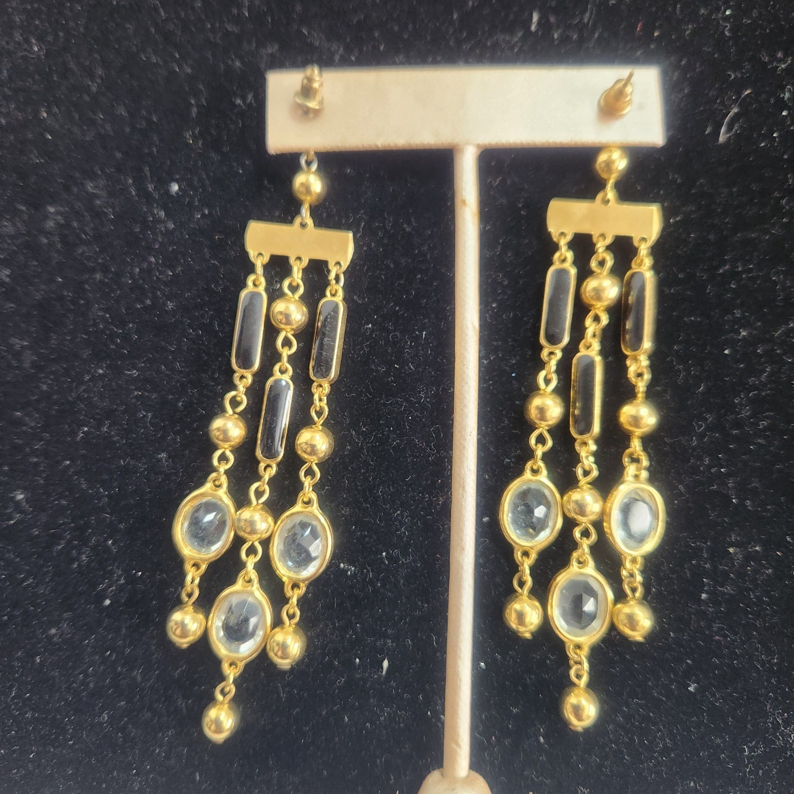 Gold Tone Black and Clear Crystal Chandelier Drop Dangle Earrings Post Back