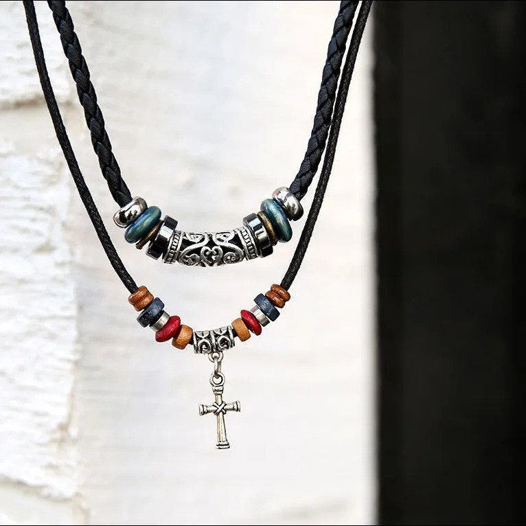 Layered Leather & Beaded Necklace – Vintage Tribal Arrow Pendant for Men