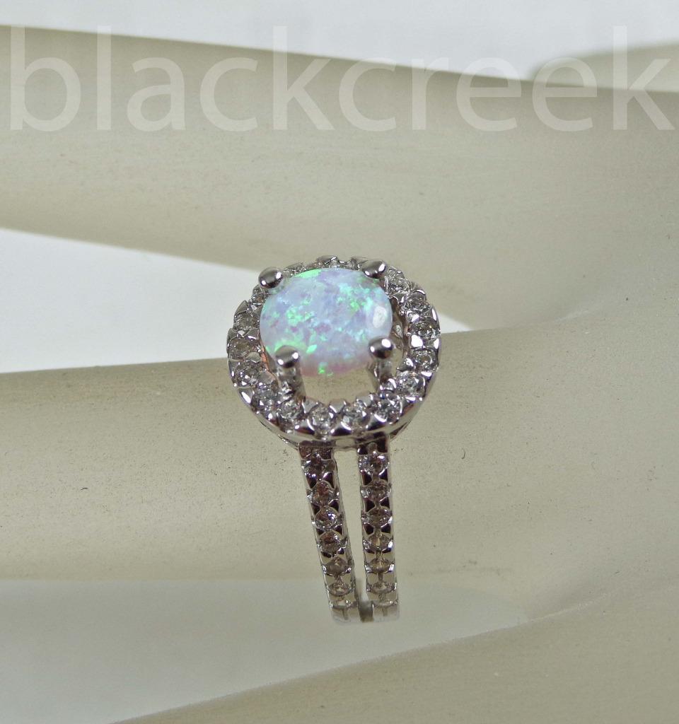 925 Sterling Silver Round White Fire Opal Micro Pave Ring size 4/5/6/7/8/9/10