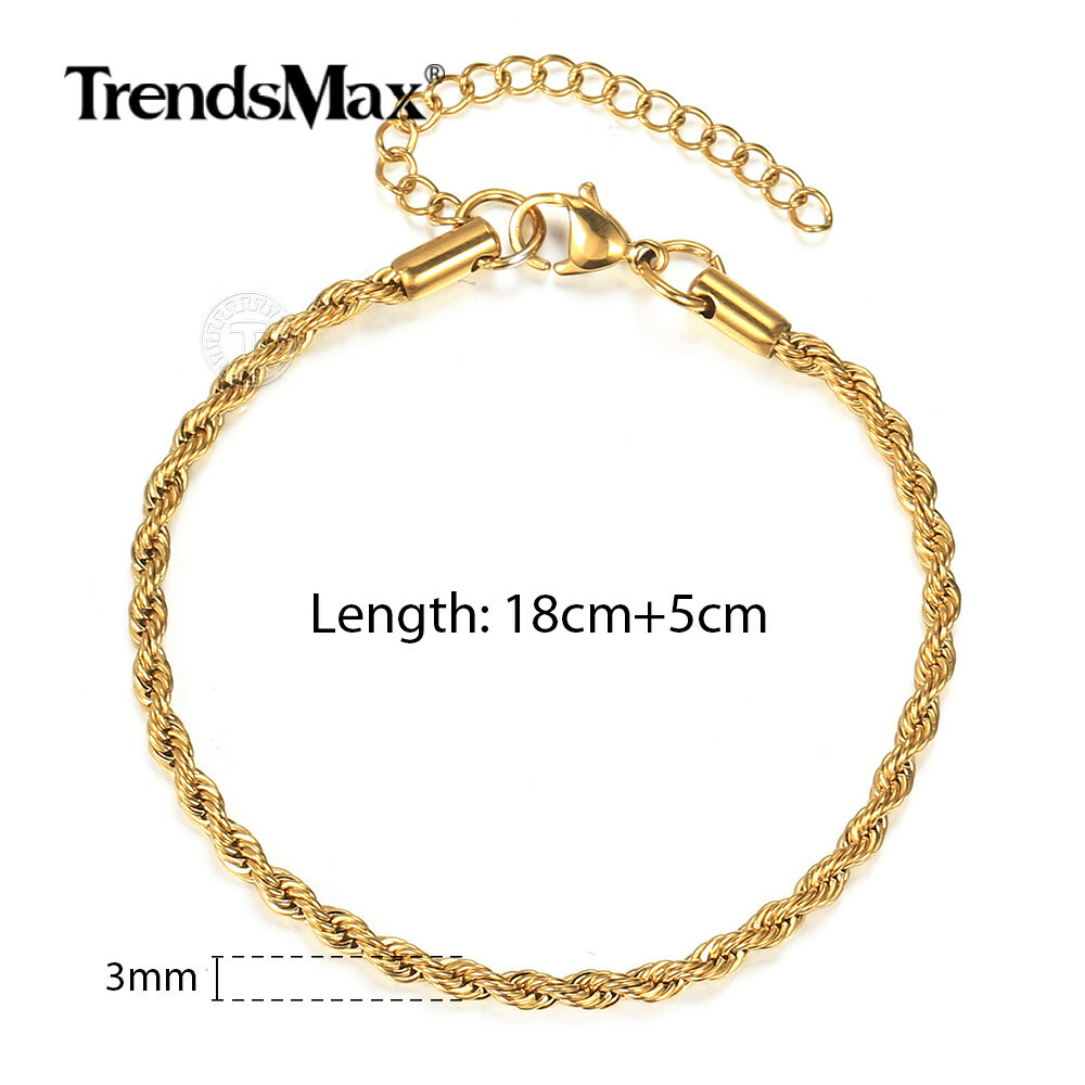 3/5MM Gold Stainless Steel Rope Chain Necklace Bracelet Unisex Jewelry Set 7-30″