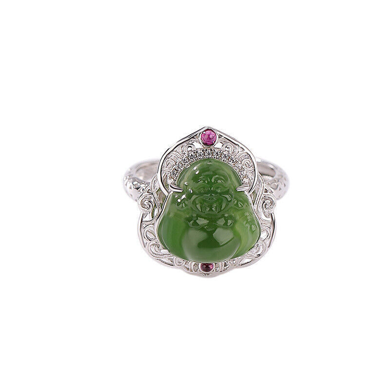 Chinese Hetian Jasper Buddhism Maitreya Buddha Pretty S925 Pure Silver Ring