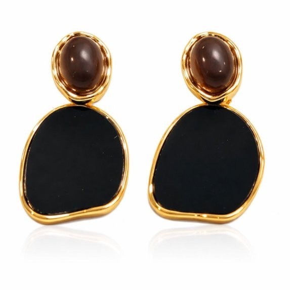 Gold Tone Black Brown Oval Drop Earrings Women Simulated Stone Jewelry Gift Wear