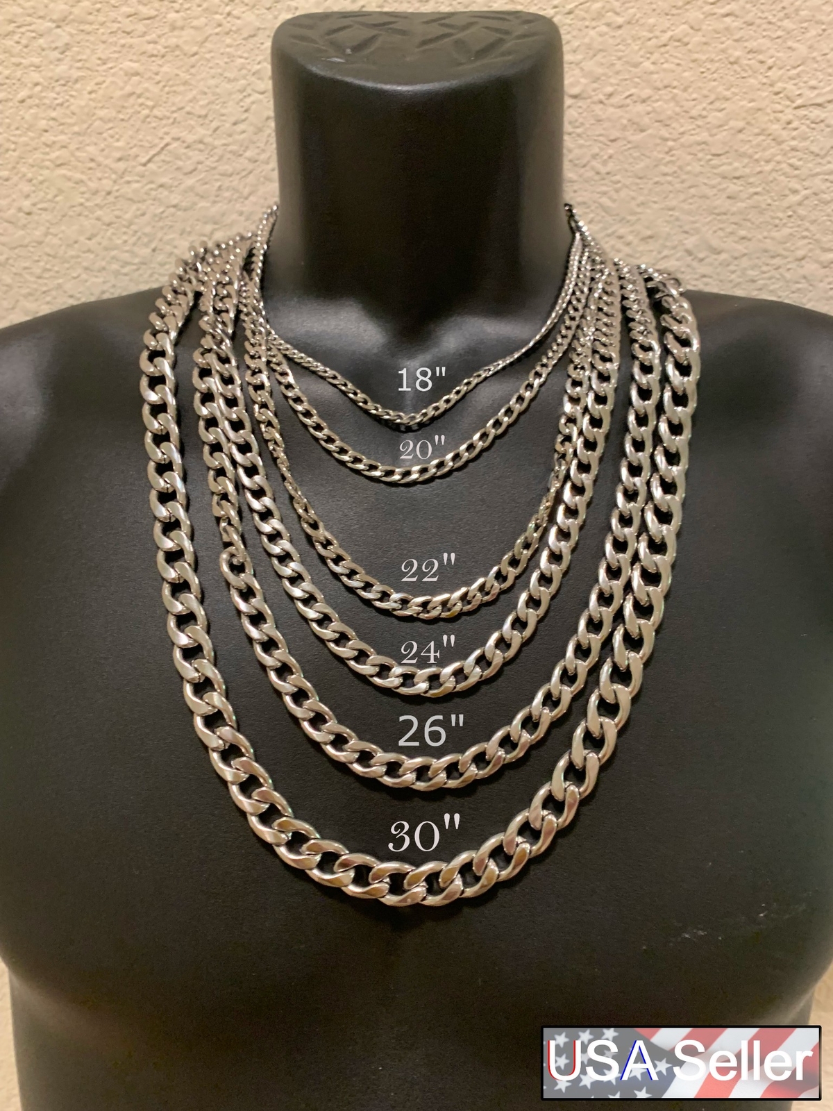24 INCH, 3/4/5/7/9/11mmSTAINLESS STEEL CUBAN CURB SILVER CHAIN USA SELLER