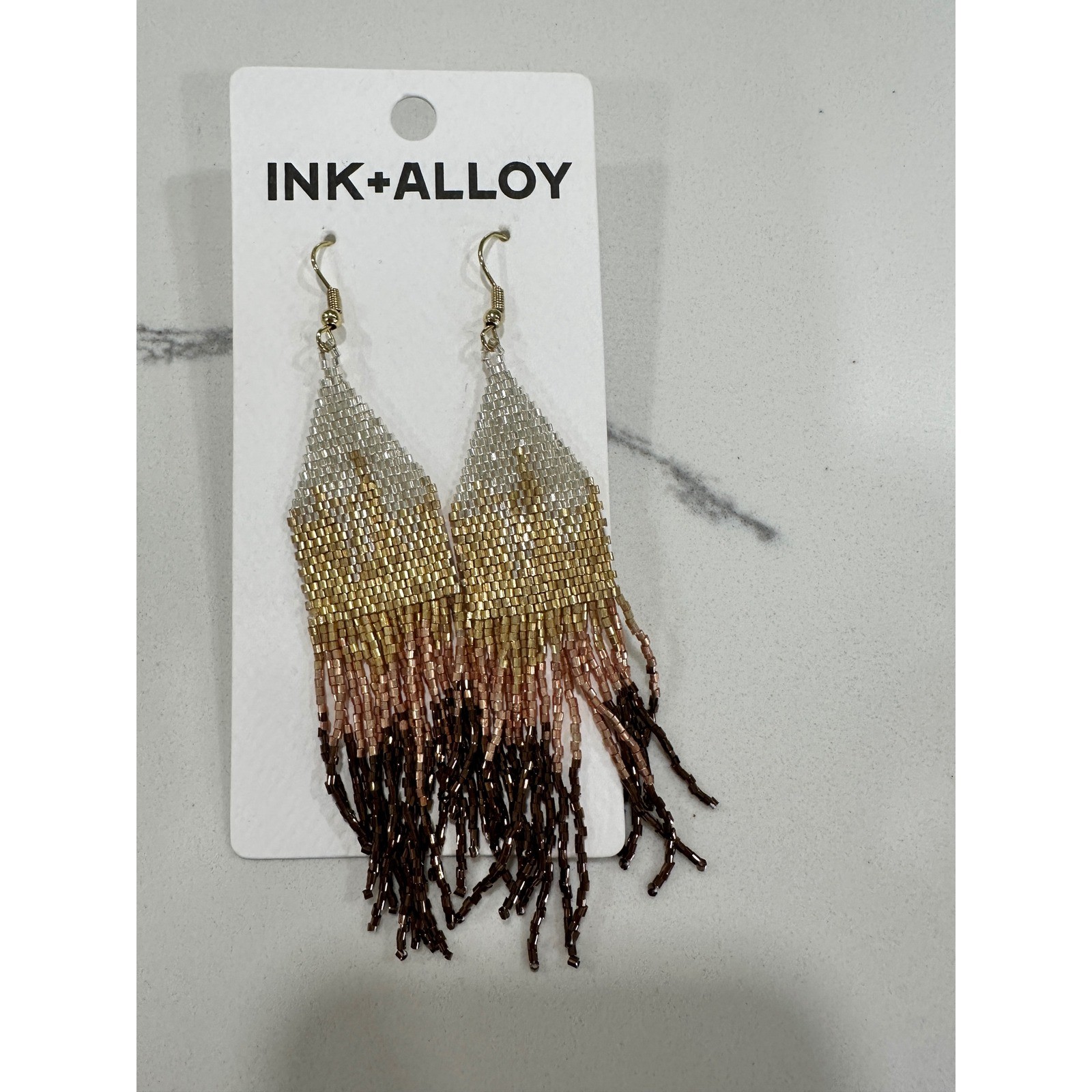 Ink+Alloy Beaded Fringe Ombre Earrings Silver Gold Copper Brown LXER1114 NEW