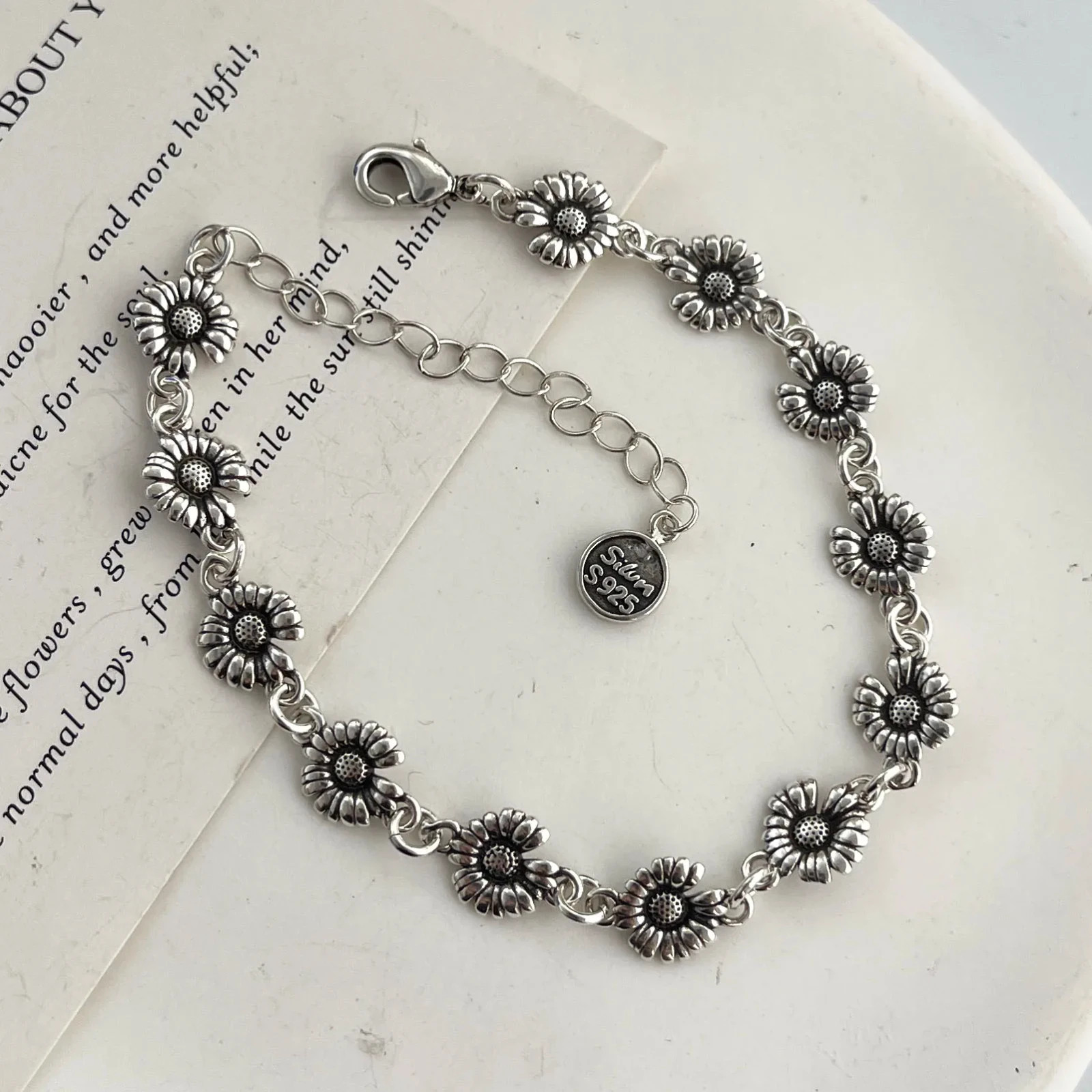 Sterling Silver Daisy Charm Bracelet S925 Women’s Floral Dainty Jewelry Gift