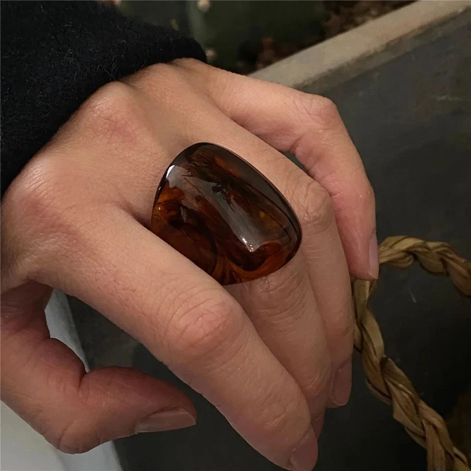 Resin Amber Geometric Wide Ring Women Classic Chunky Statement Party Jewelry