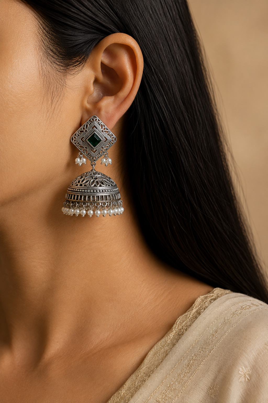 Zakiya Handcrafted Silver Jhumka Earrings with Green Square Stone Roz Jeweller.