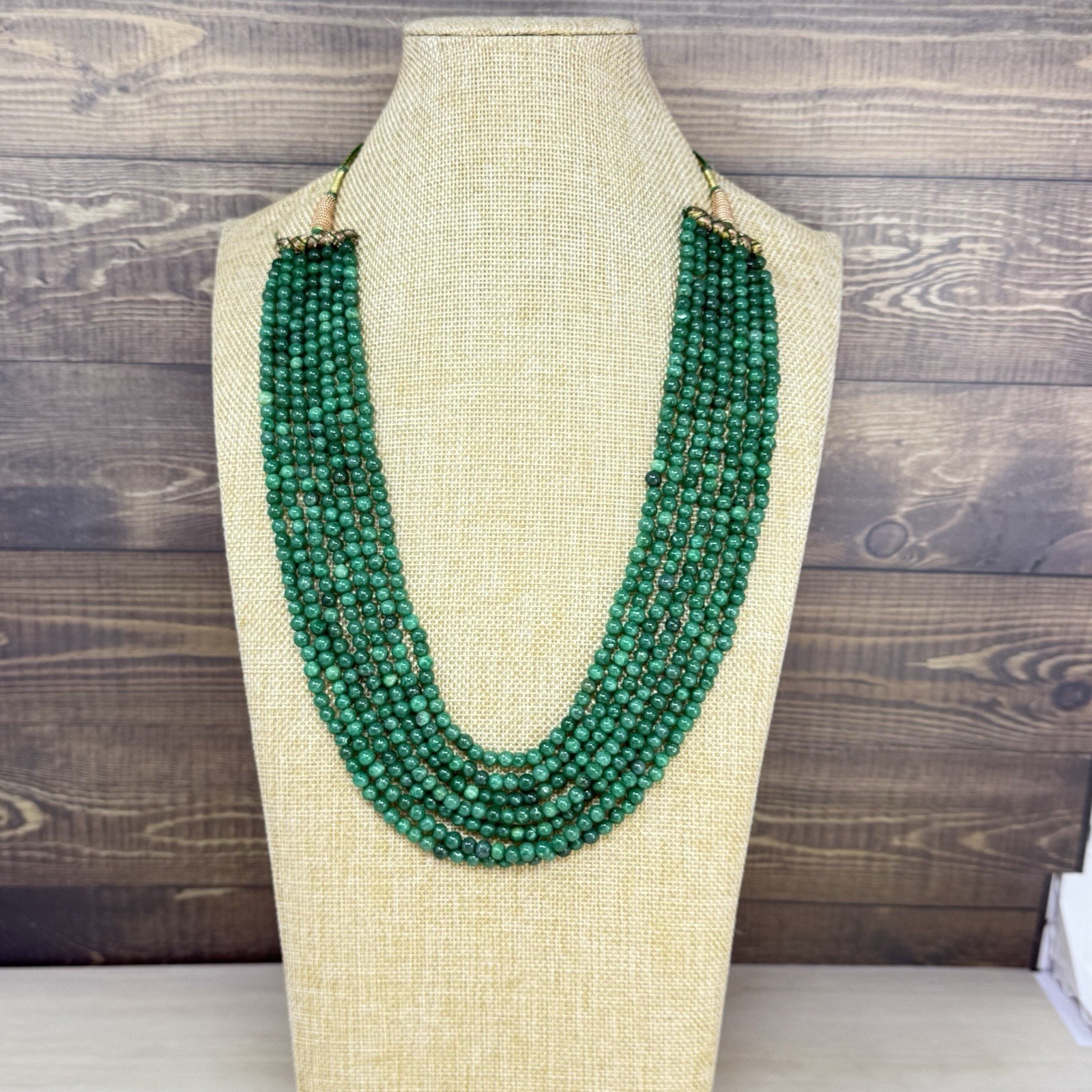 Vintage Green Emerald Gemstone 7 Multi Strand Beaded Necklace