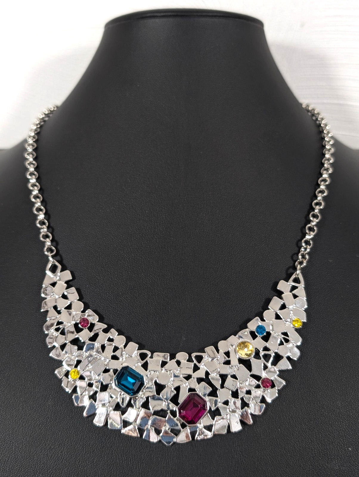 Silver Tone Multicolor Crystal Bib Necklace Modern Statement Jewelry 21 in Glam