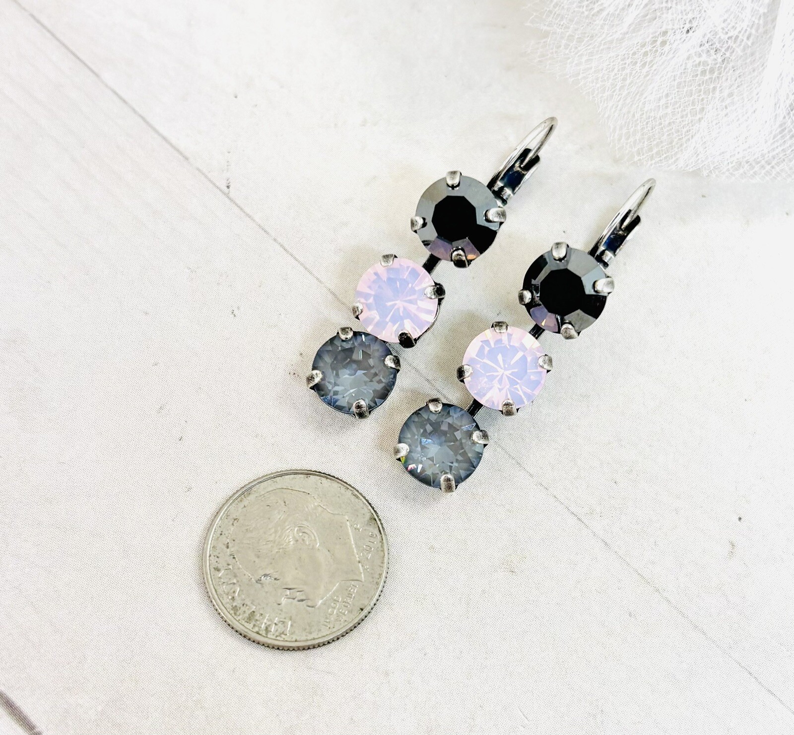 8mm Soft Pink, Black, and Gray Triple Stone Earrings