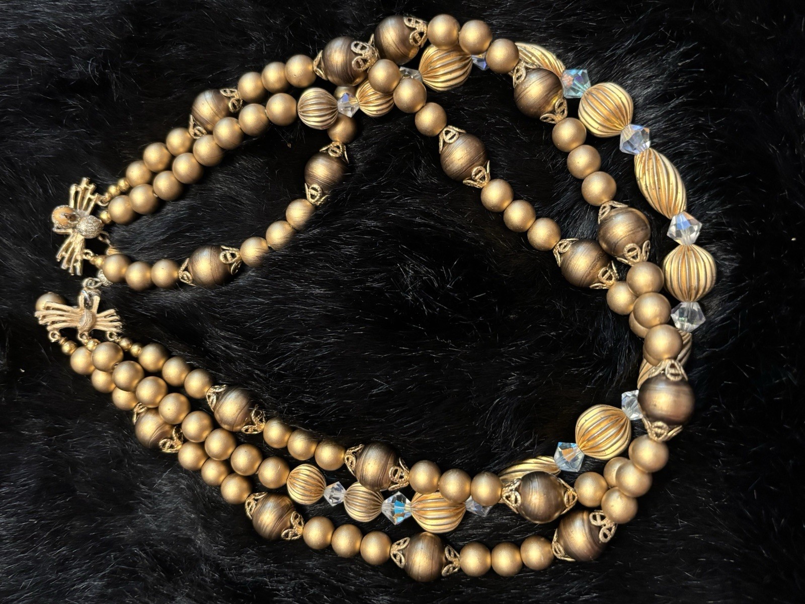 Gold-Tone Multi-Strand Beaded Necklace Clear Crystal Bicone Hook Closure