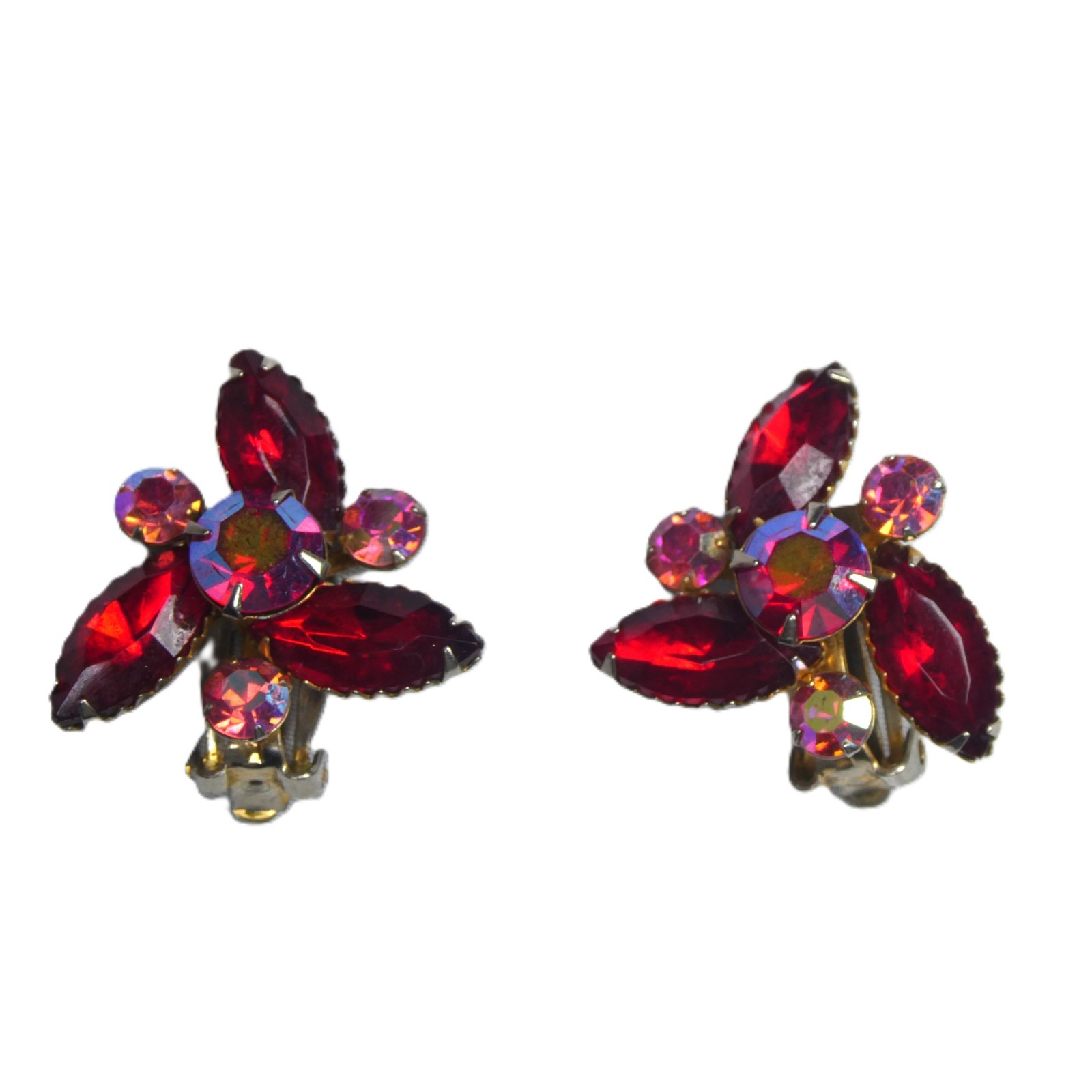 Vtg Beau Jewels Red Rhinestone Clip On Earrings Pink AB Aurora Borealis Flower