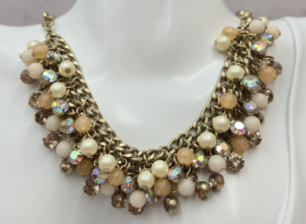 Lydell NYC Statement Necklace Chunky Beaded Rhinestone Gold Tone Bib Style 229
