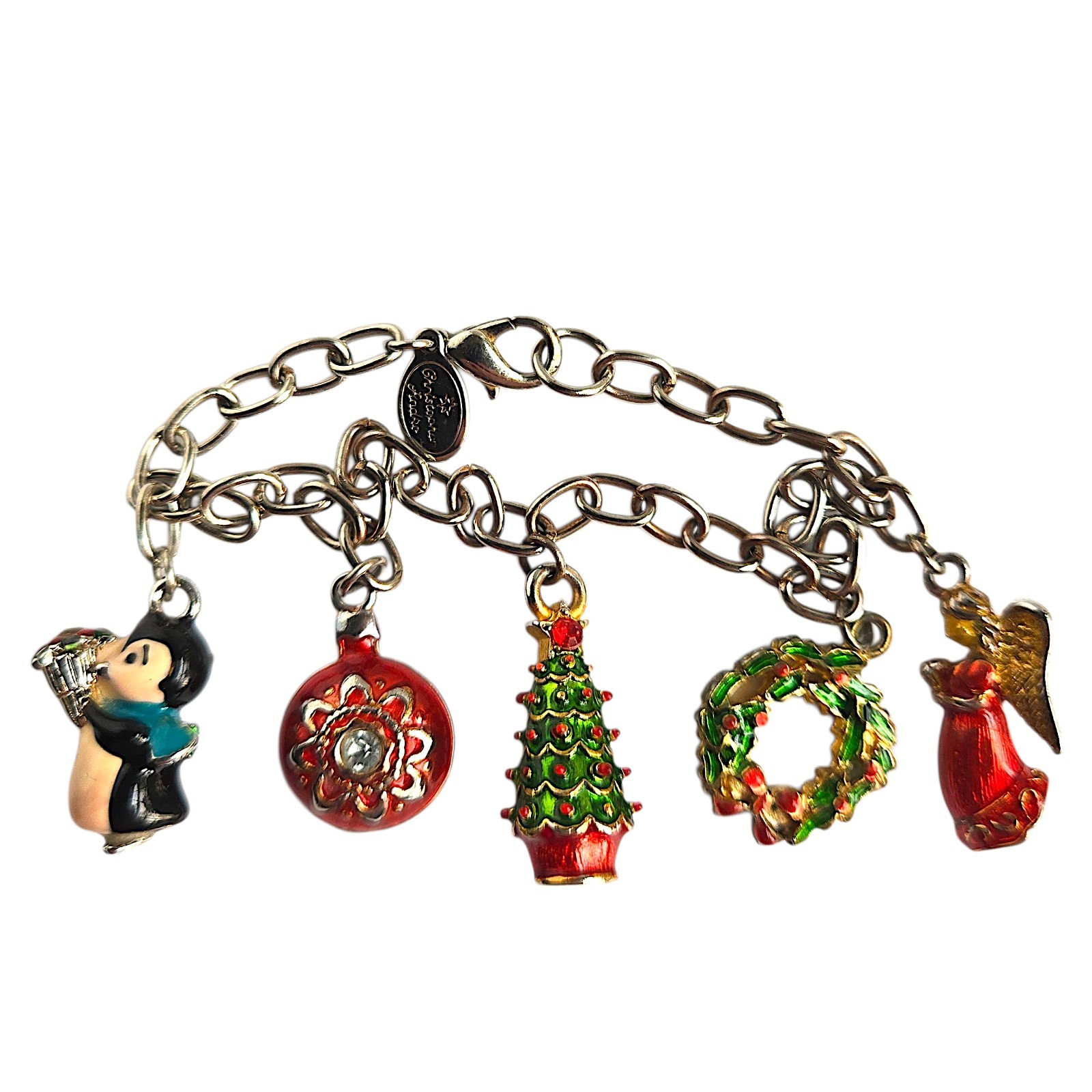 Vtg Christopher Radko Christmas Charm Bracelet Enamel Tree Angel Wreath 7.25”