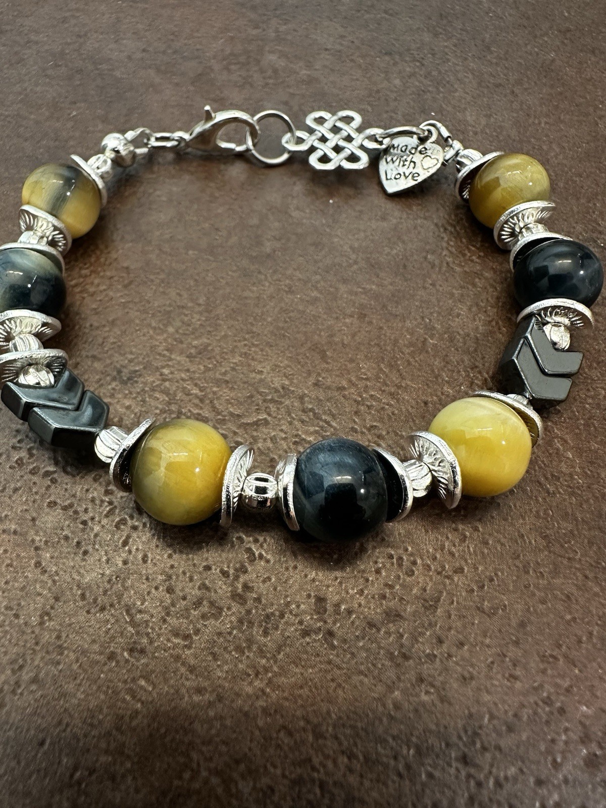 Elegant Silver and Yellow Mixed with Black Falcon’s Eye Beaded Bracelet