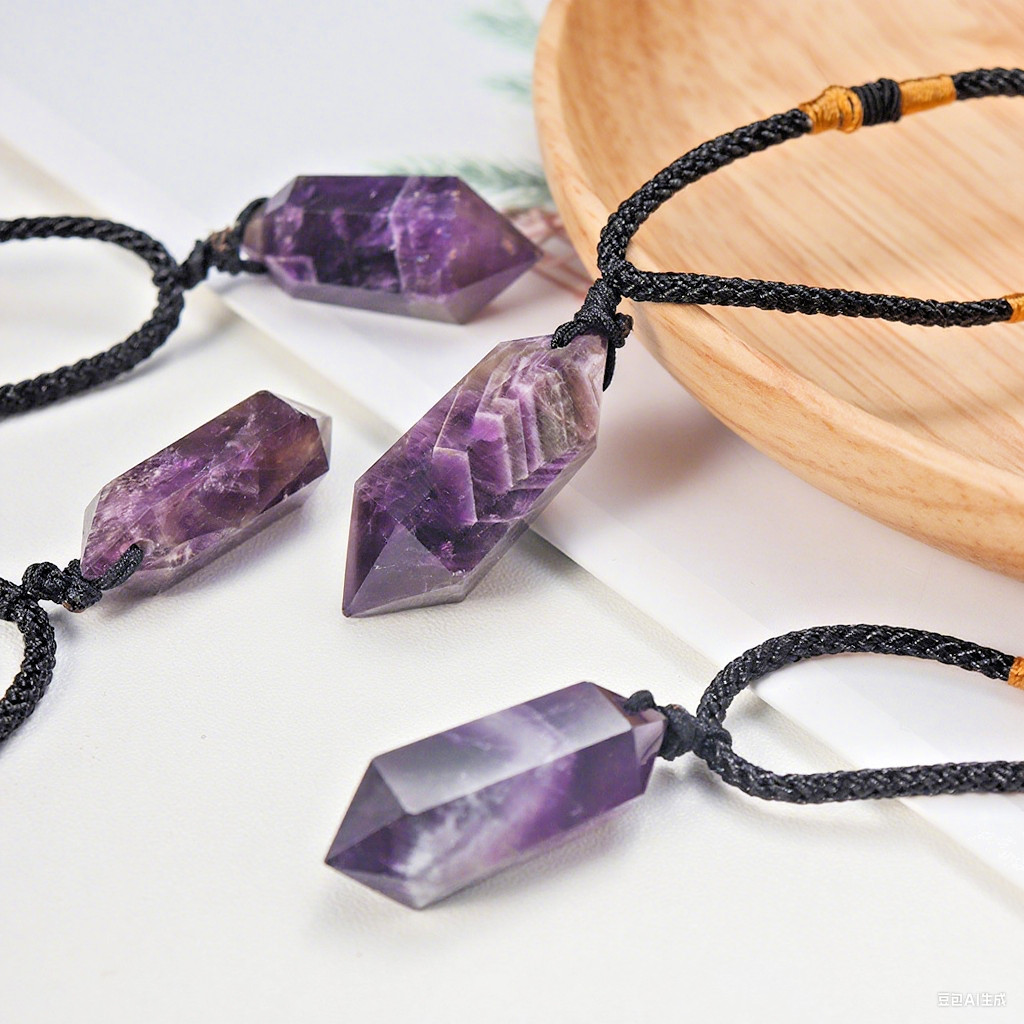 Chevron Amethyst Double Point Pendant Necklace Healing Protection Crystal Gifts
