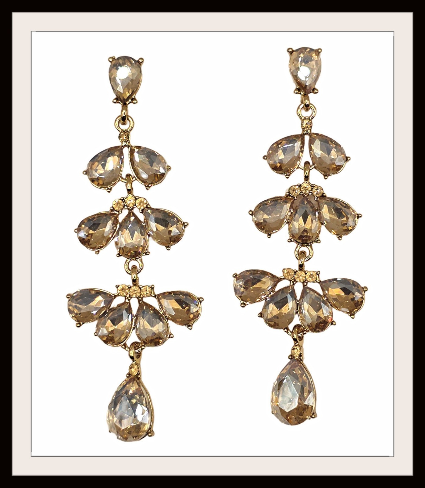 Light Topaz Crystal Dangle Earrings Special Occasion Pageant Gold Plated