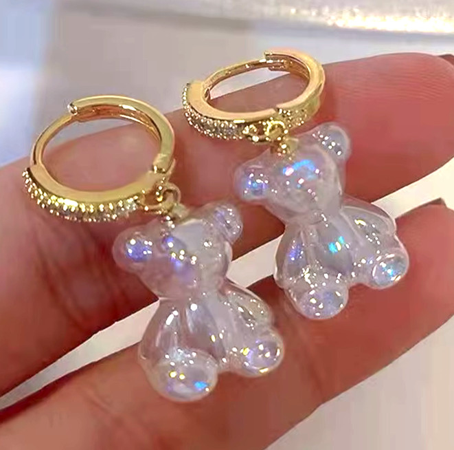 Adorable TEDDY BEAR Rhinestone Gold Clear Dangle Betsey Johnson Earrings