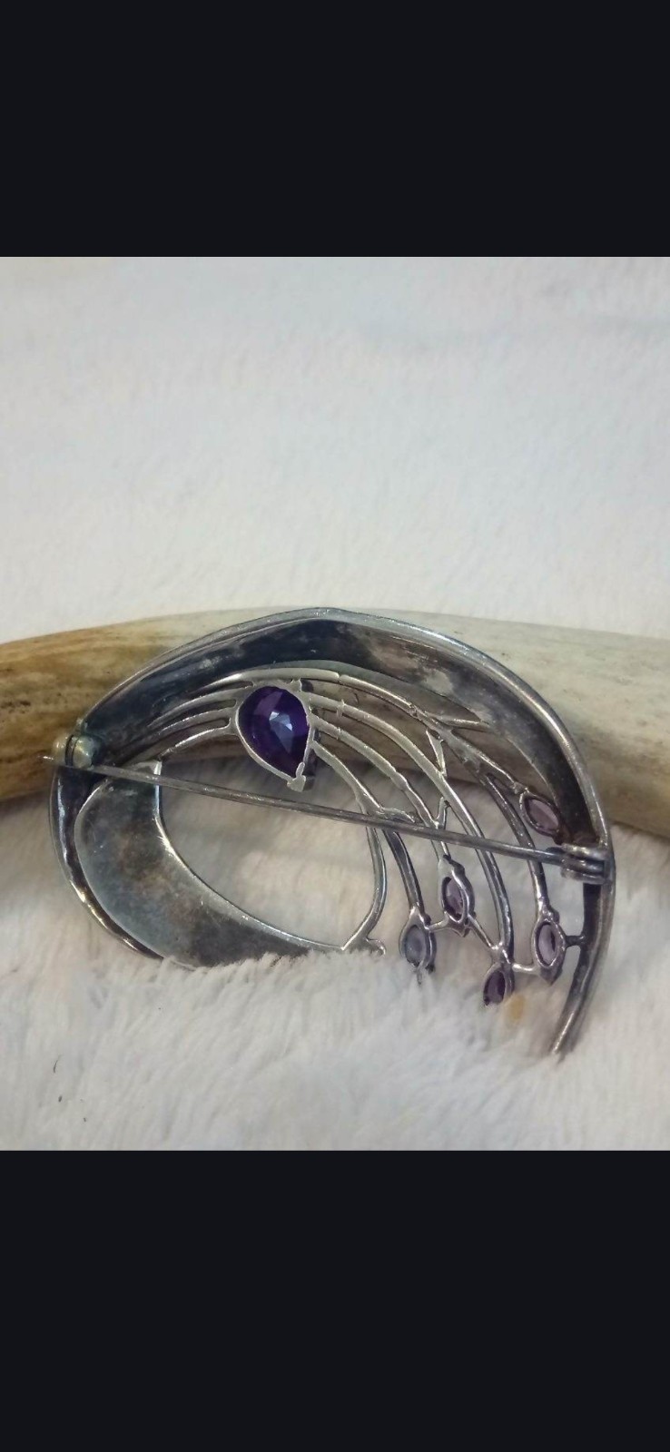 Vintage Large Sterling Silver And Genuine Multi Amethyst Broach Pin 925 Hallmark