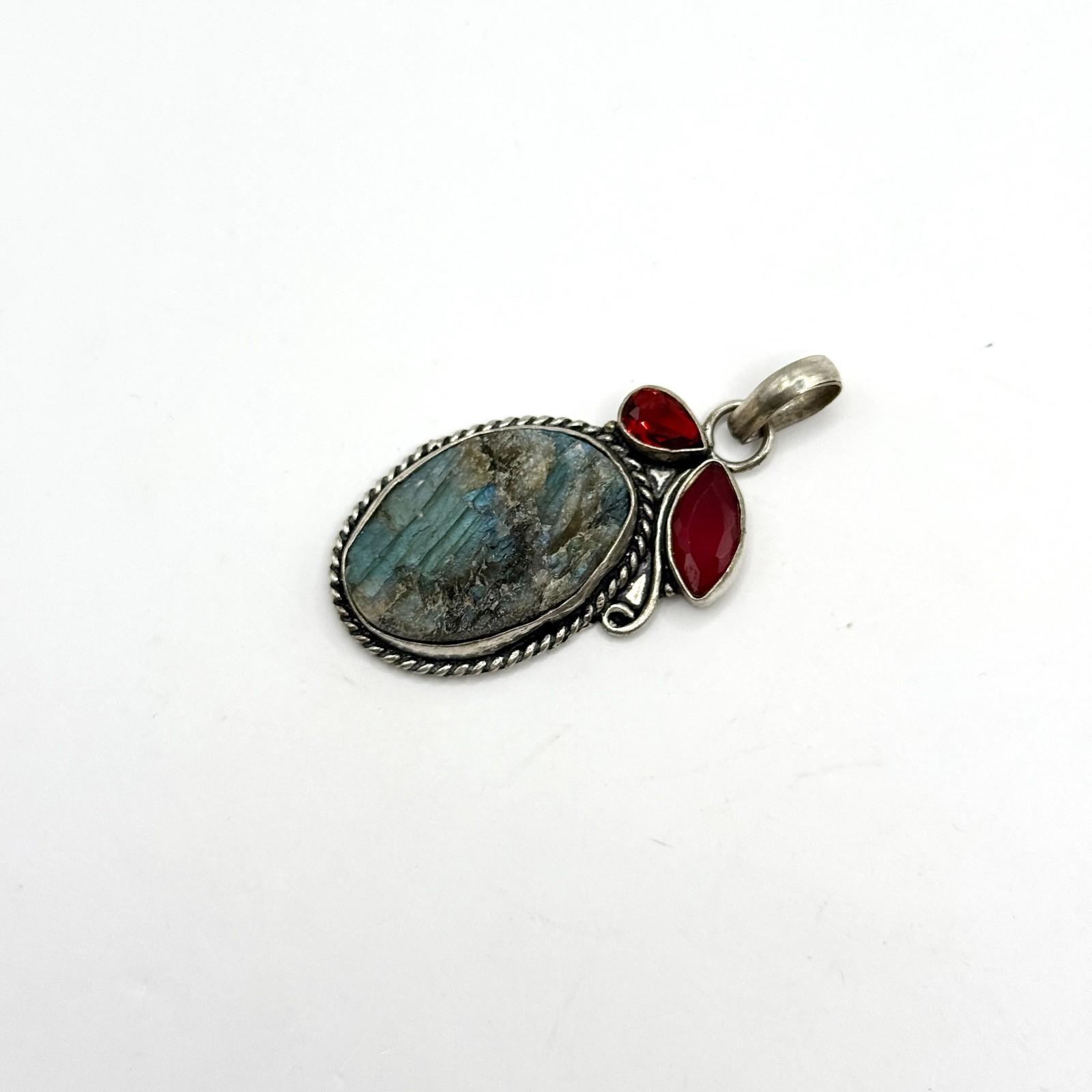 Vintage Rough Labradorite Garnet Gemstone Pendant Sterling Silver 925 Charm Blue