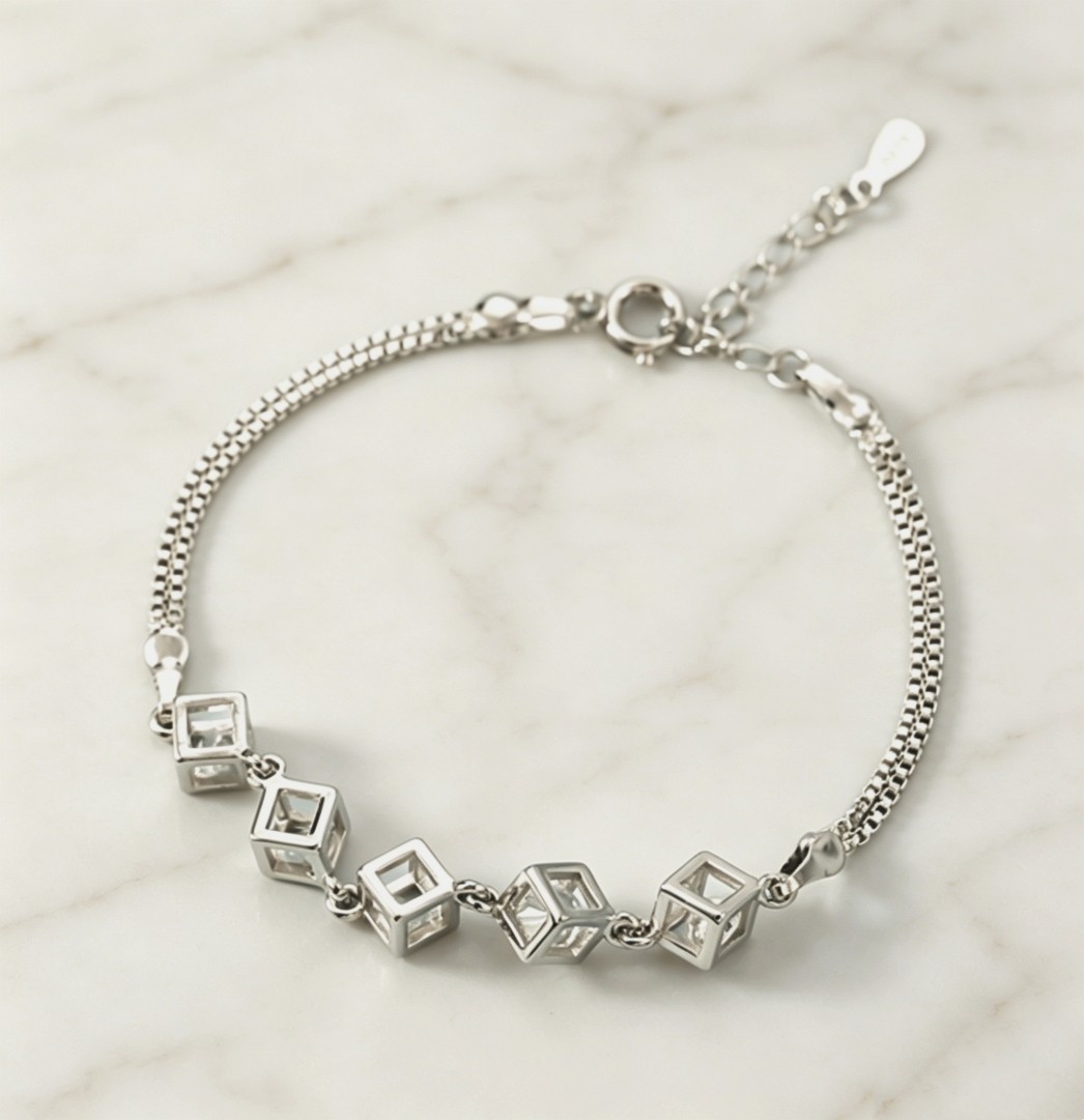 Women’s Silver Tone Splice Chain Bracelet with Hollow 3D Cube CZ Charm Box Chain