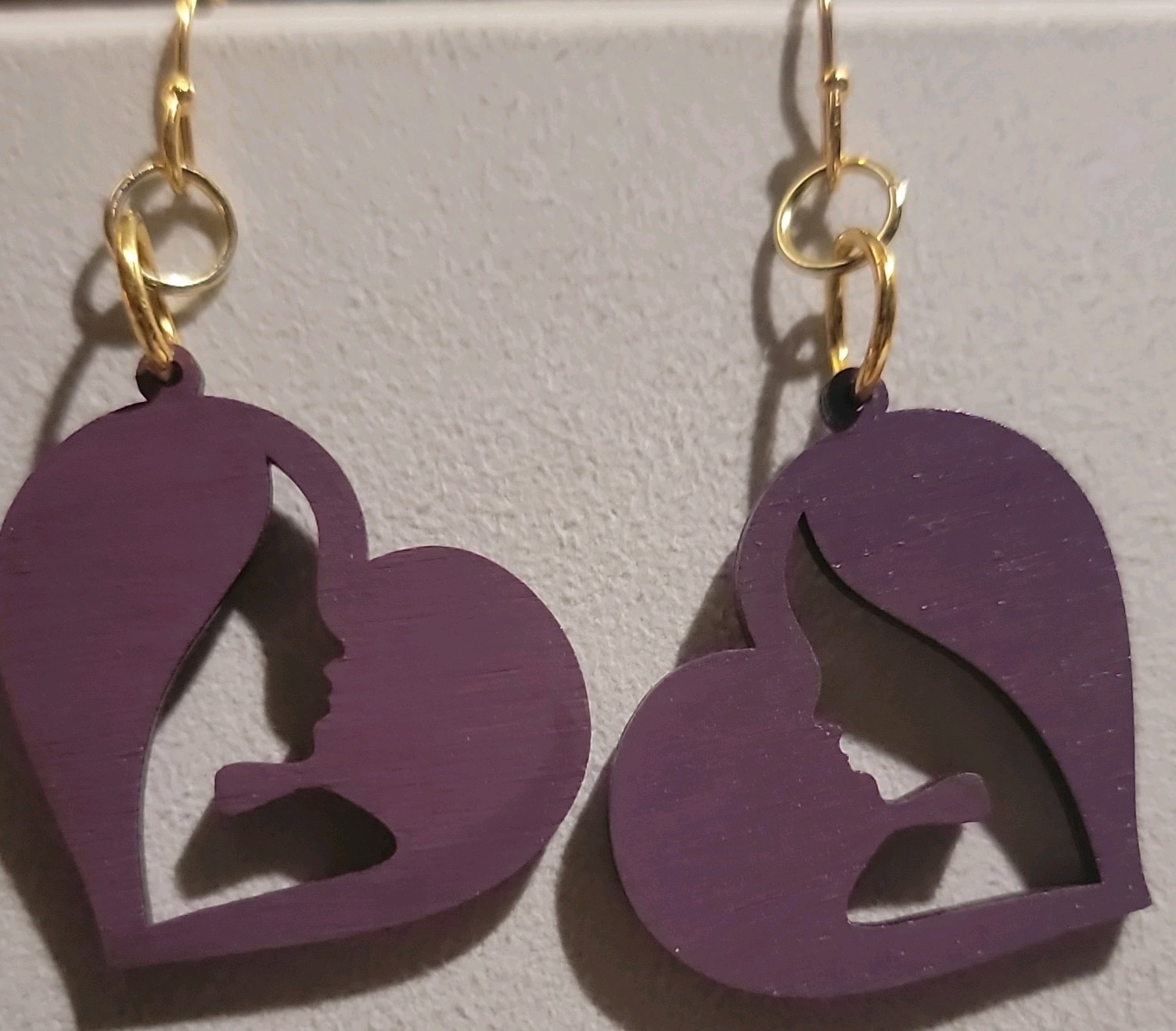 Purple Wooden Heart Silhouette Love Dangle/Drop Hook Earrings, No Stone