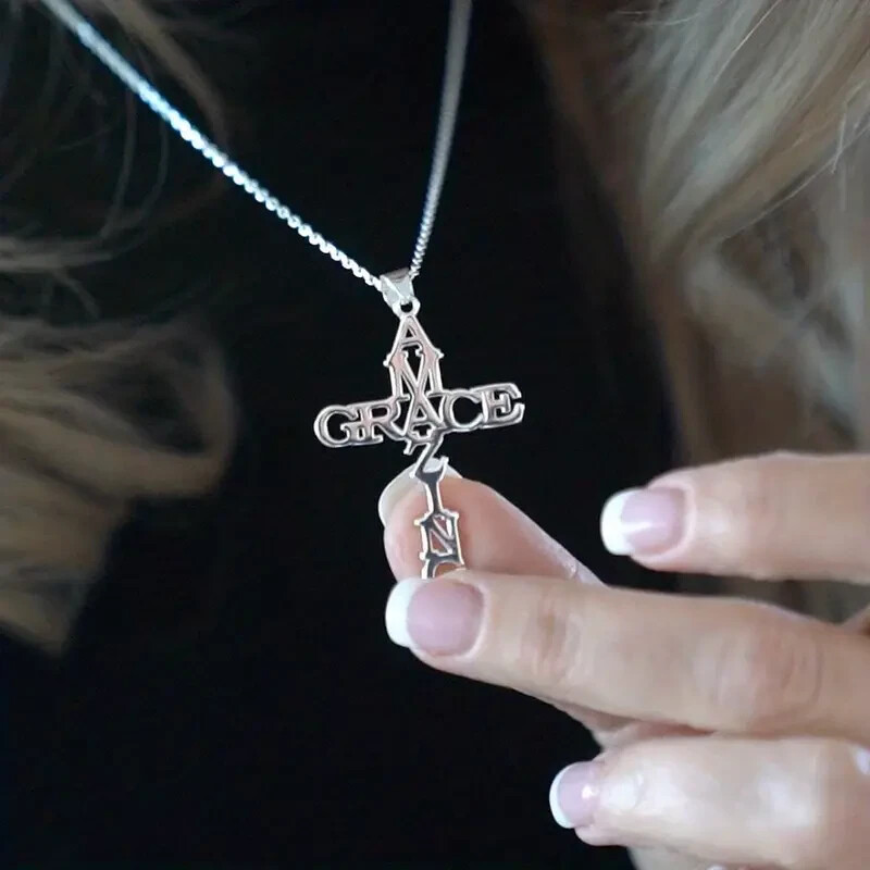 Stainless Steel Amazing Grace Cross Necklace – Silver, Christian Faith, Church
