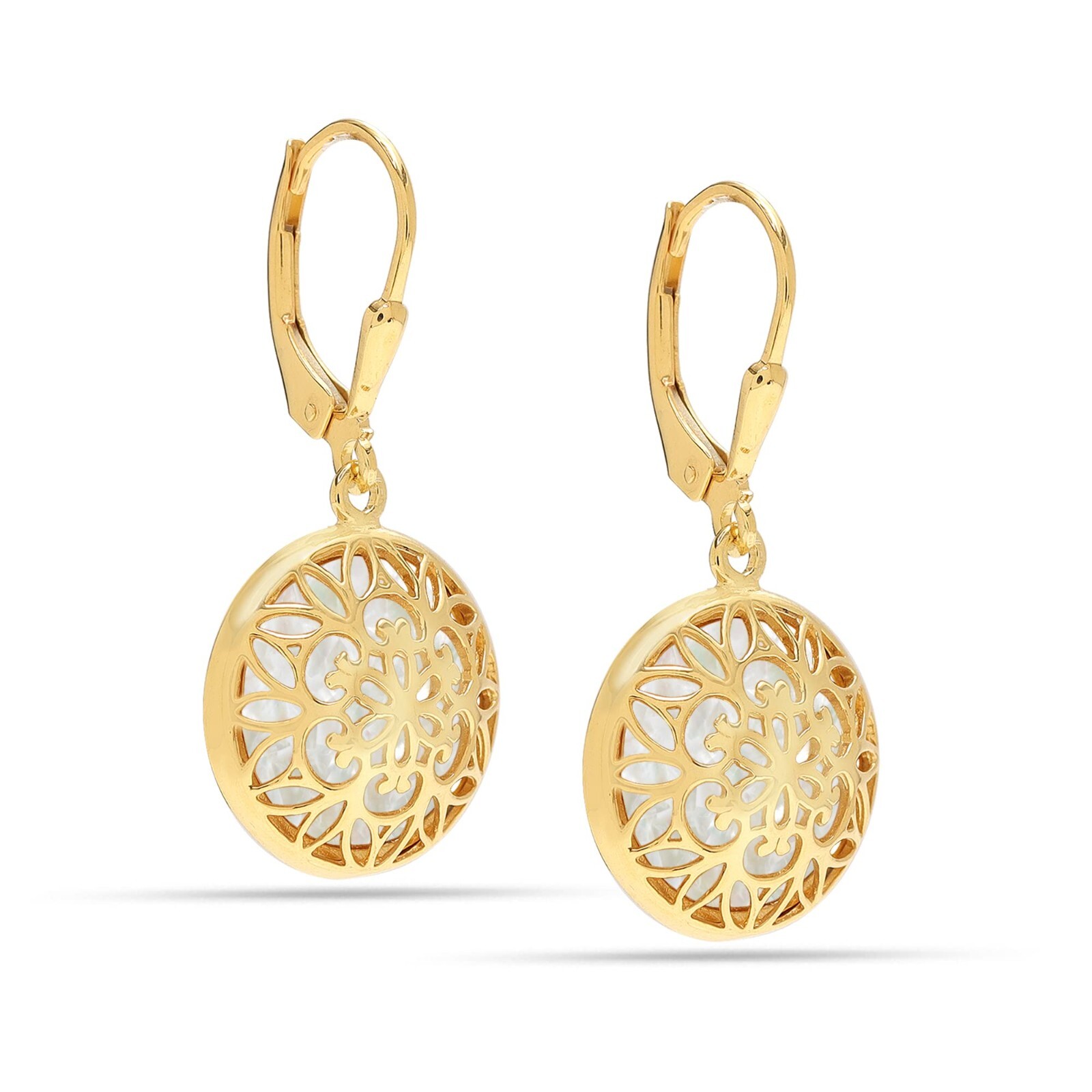 14K Gold-Plated Mother Of Pearl Overlay Filigree Dangle Earrings for Women 33 mm