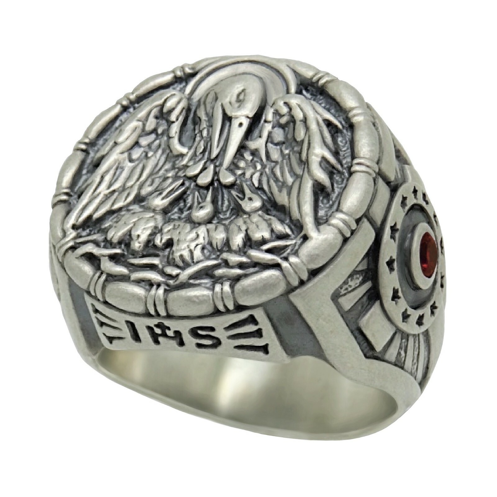 Jesuit IHS Sterling Silver Cross Men’s Ring Christian Pelican with Chicks