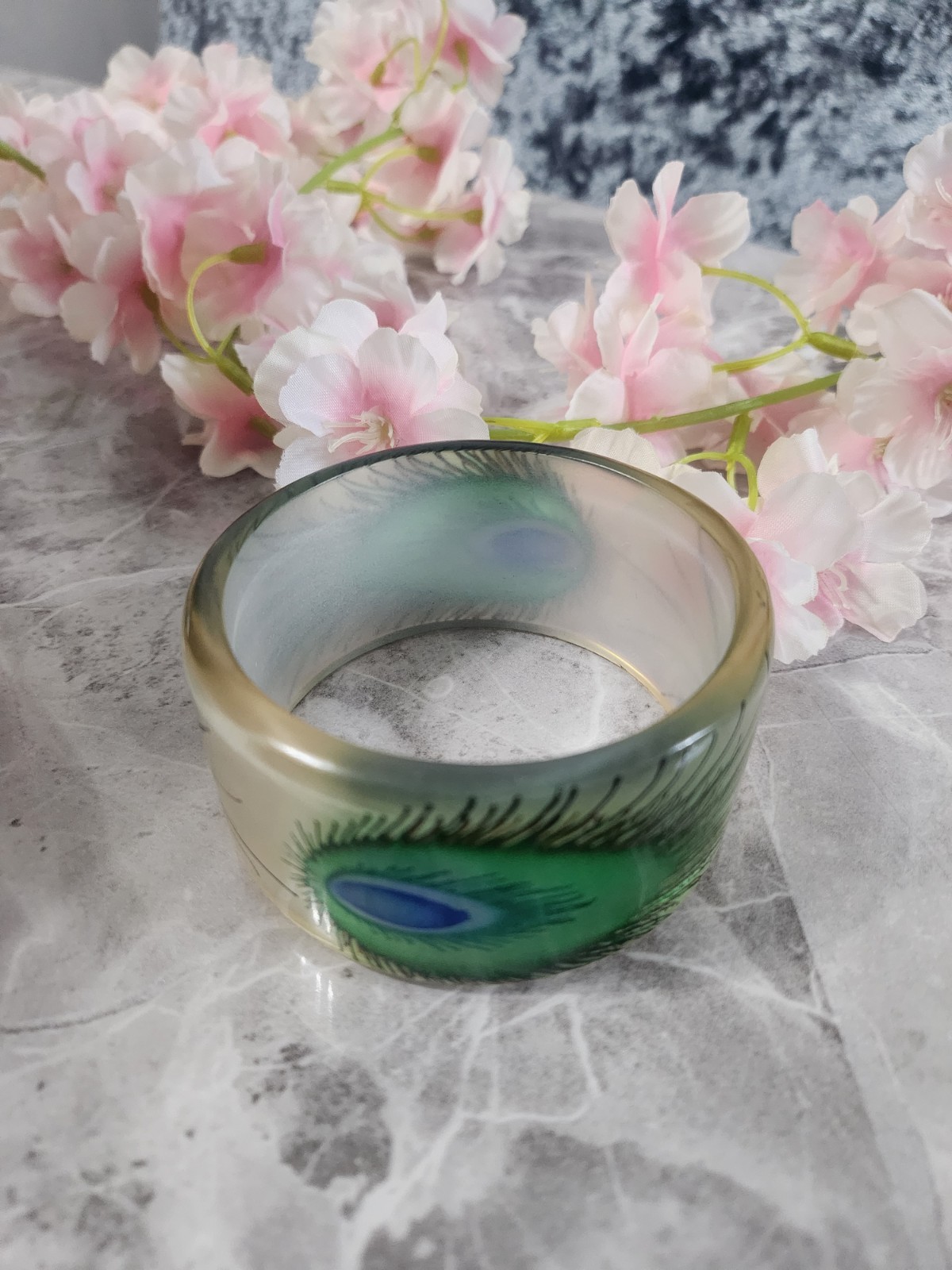 Peacock Feather Bangle Bracelet Resin Acrylic Green Statement Wide Monumi
