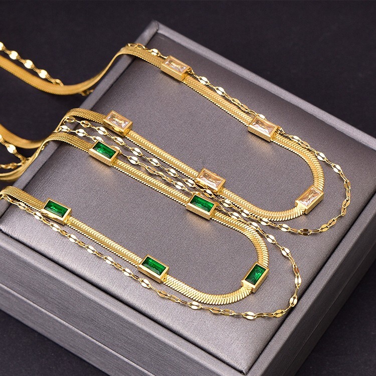 Vintage 18kgp Cubic Zircon Rectangular Double Layered Necklace