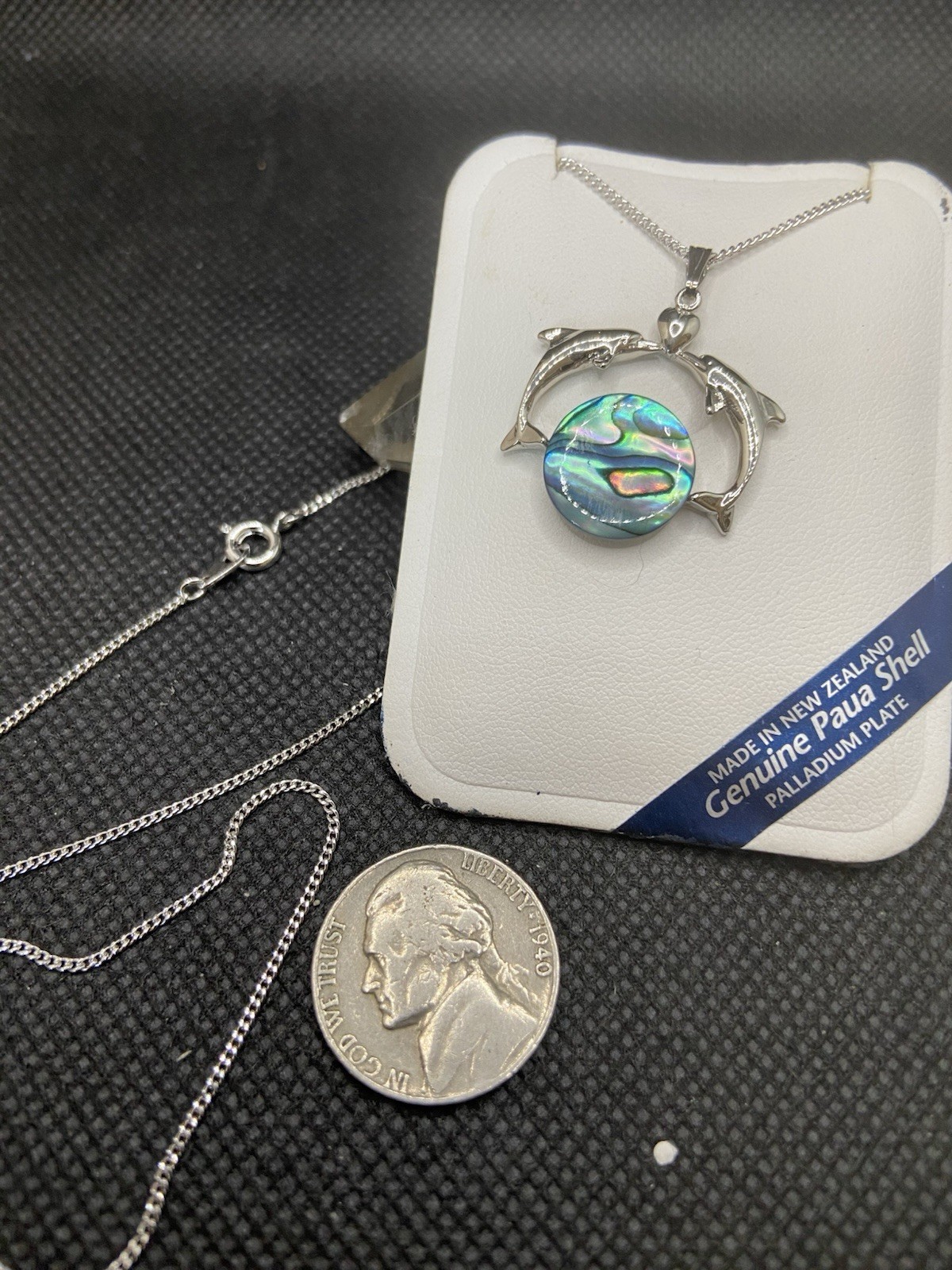 Vintage Ariki Palladium Plated Dolphins & Moon of Genuine Paua Shell Necklace