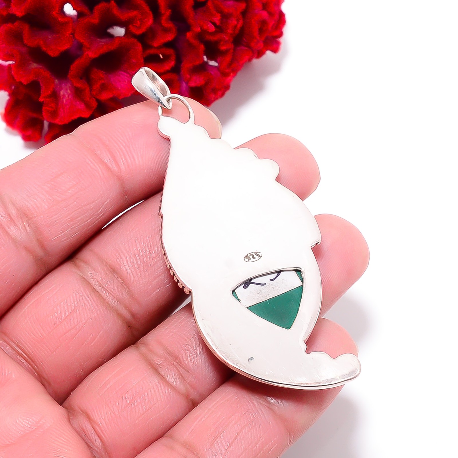 Goddess Malachite & Tsavorite 925 Silver Oxidised Goddess Pendant 2.73″ P1017393