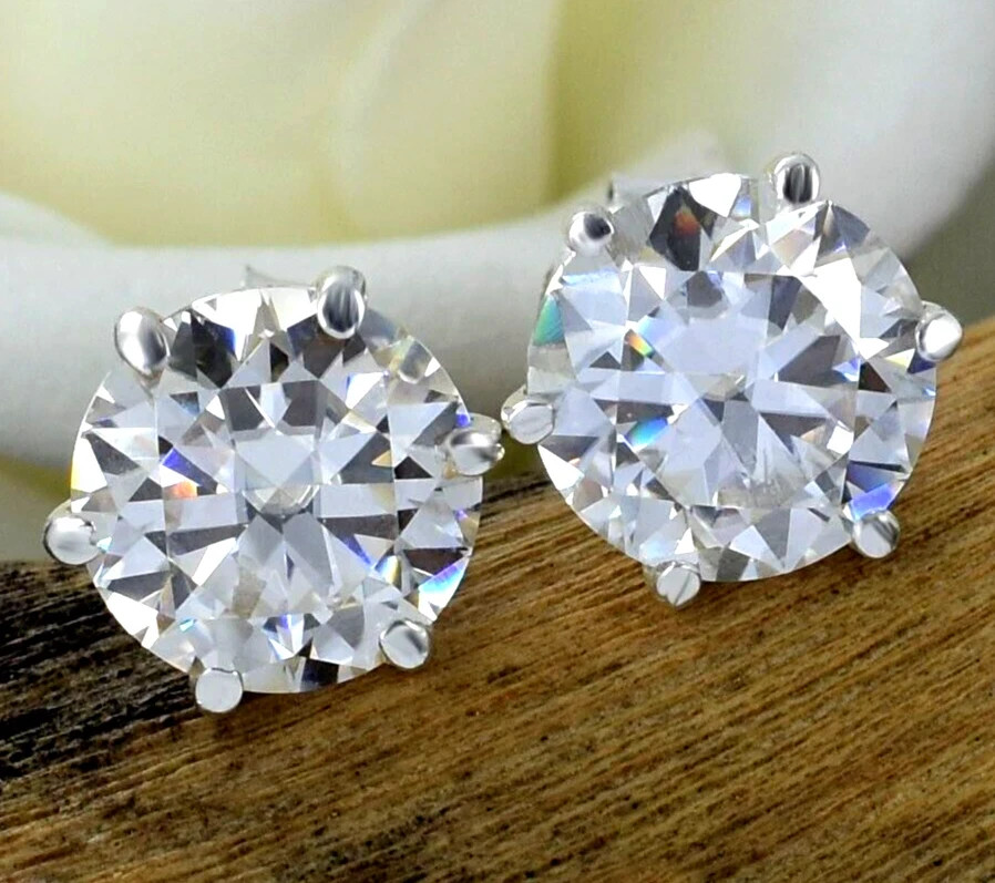 RARE 13 Ct Certified Round White Diamond Solitaire Studs 14K White Gold Plated