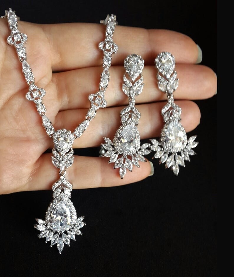Wedding Jewelry White Gold Plated CZ Necklace and Earrings Bridal Jewelry Set