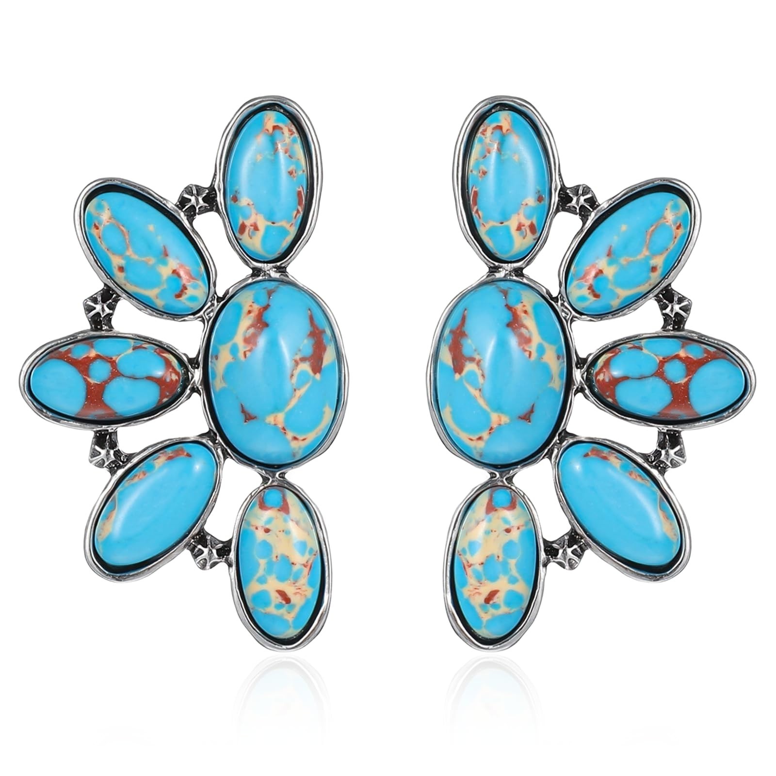 Western Earrings Boho Turquoise Oval Drop Dangle 2 inches, Flower E