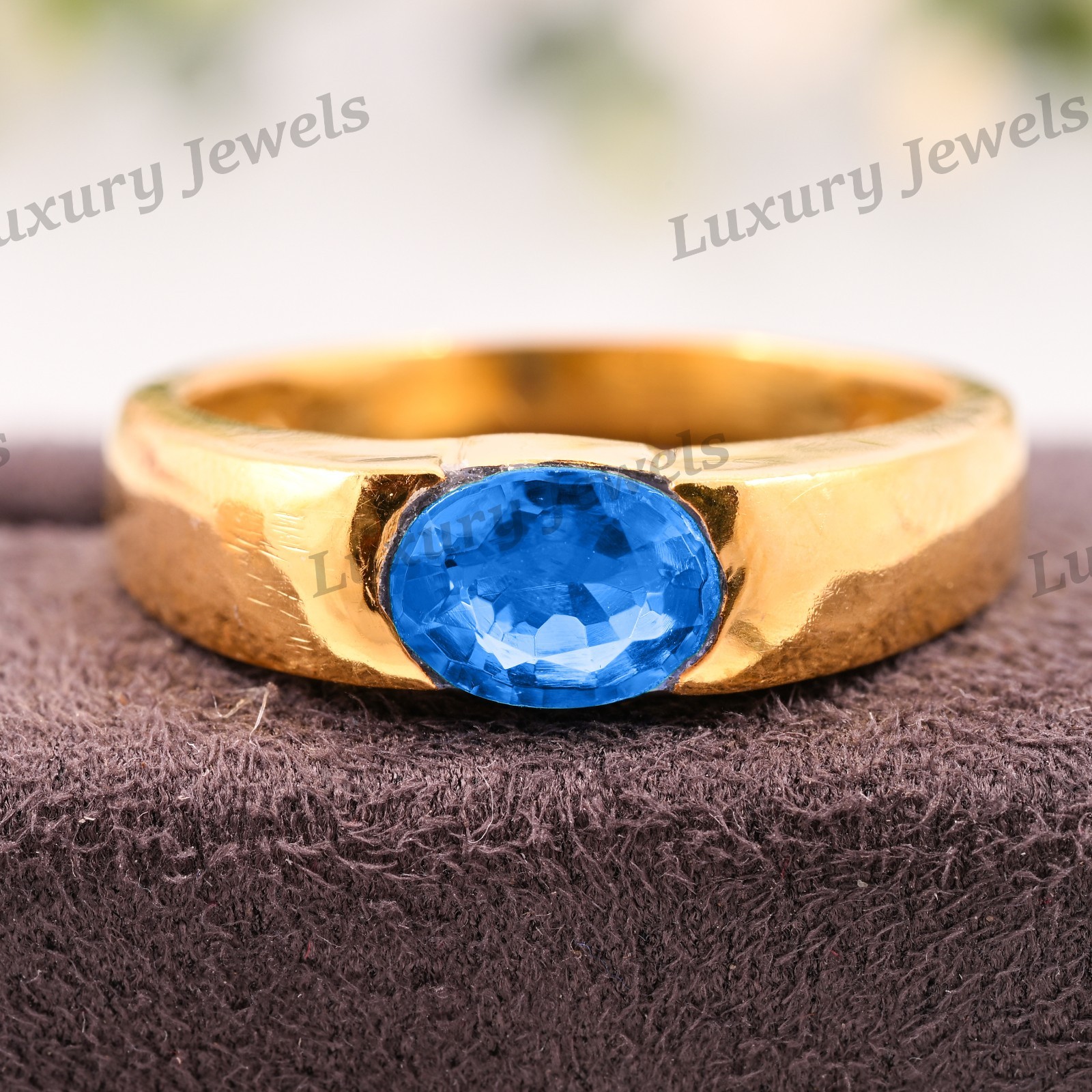 Swiss Blue Topaz Ring for Men 925 Sterling Silver Vintage Handmade Jewelry Fash