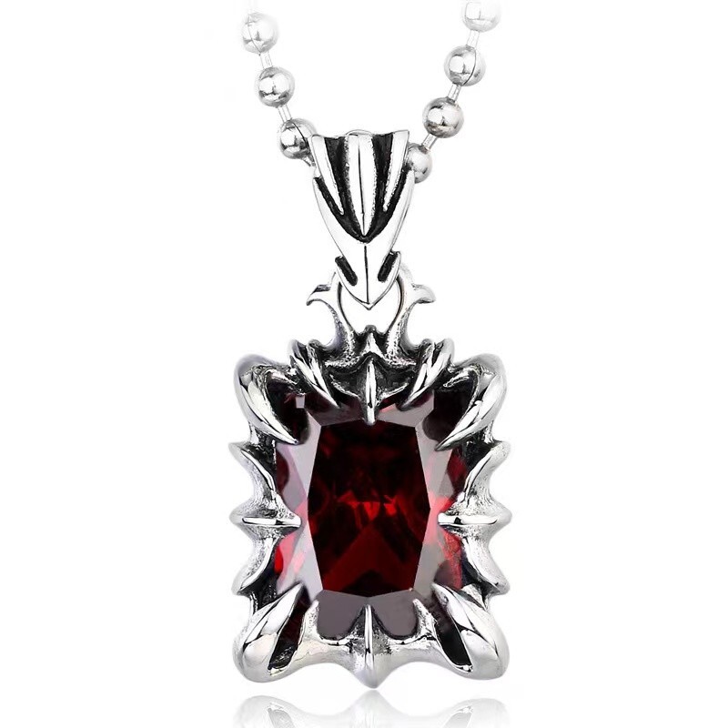 Stainless Steel Gothic Biker Gemstone Cubic Zirconia CZ Pendant Necklace Mens