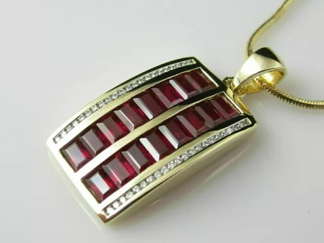 3Ct Baguette Cut Simulated Red Ruby Halo Unique Pendant 14K Yellow Gold Plated